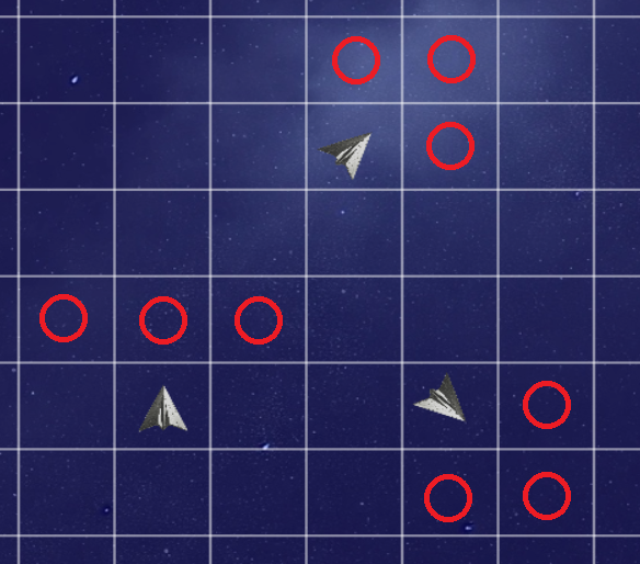 I cerchi rossi rappresentano i fronti di invulnerabilità cioè verso i quali non si può distruggere ne attaccare